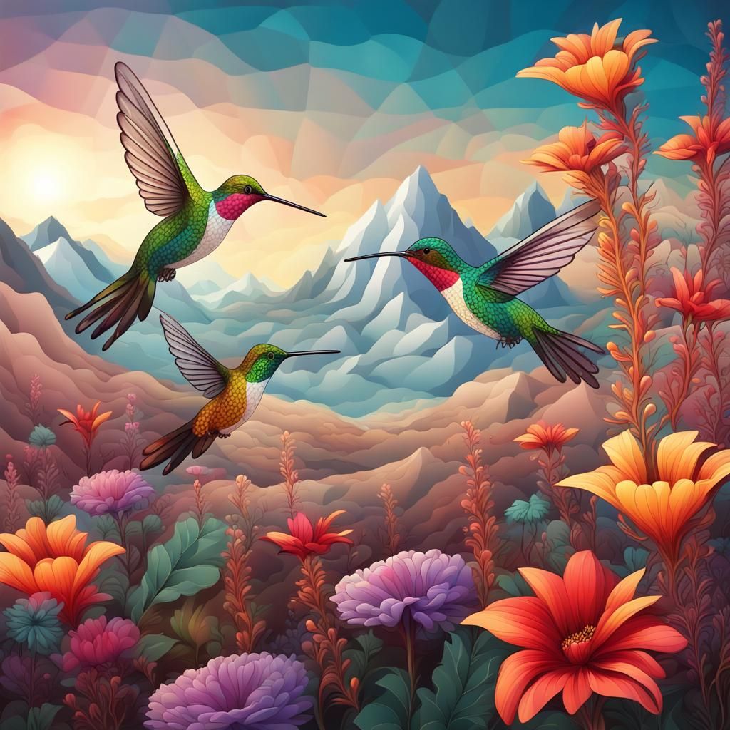 Hummingbirds in a Mountain Flower Field