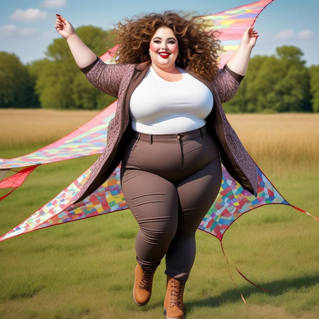 Curvy Woman Flying Kite in a Detailed Field
