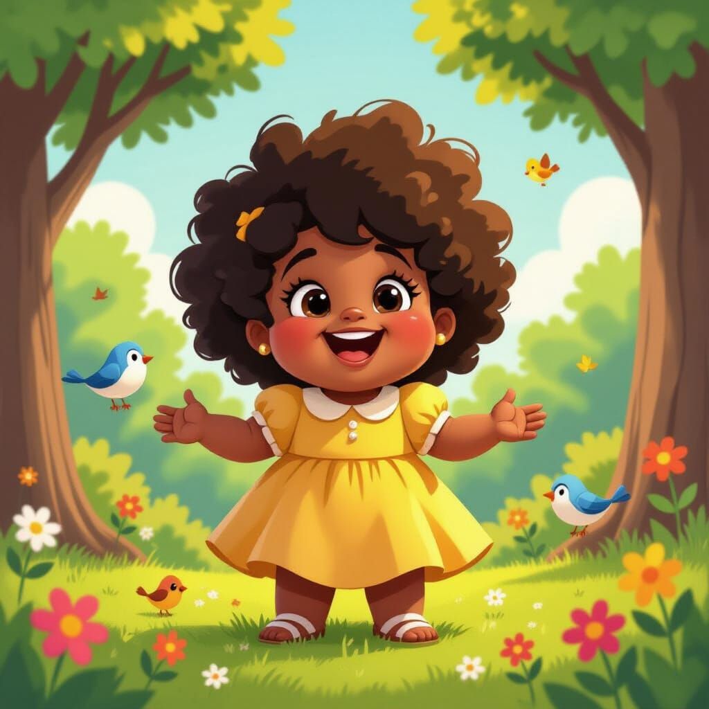 Happy Black Girl Surrounded by Nature in Animation Style