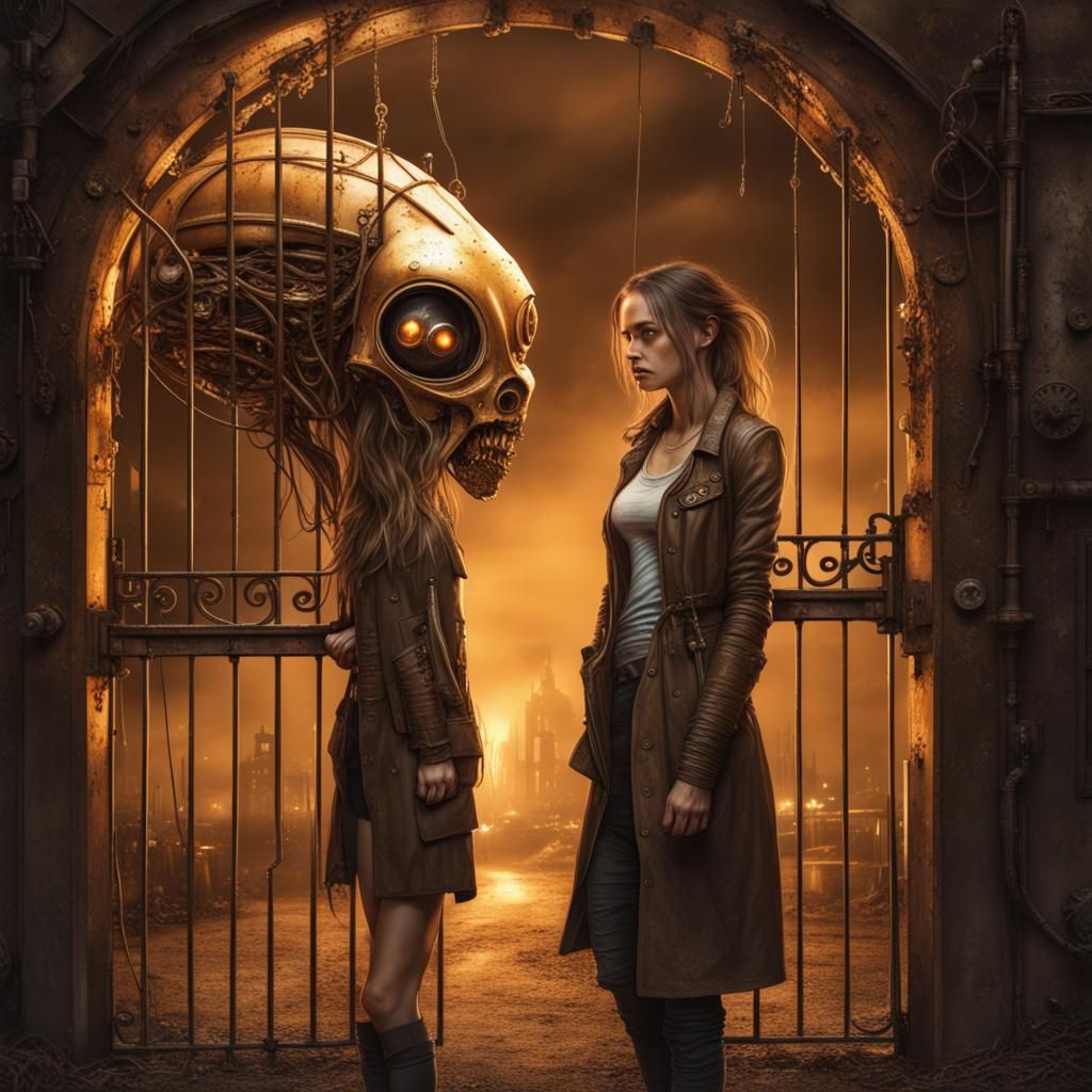 Apocalyptic Encounter: Alien Face and Steampunk Engine