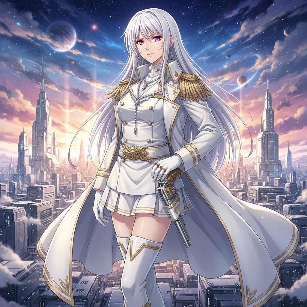 Anime Female Admiral with White Hair and Pink Eyes