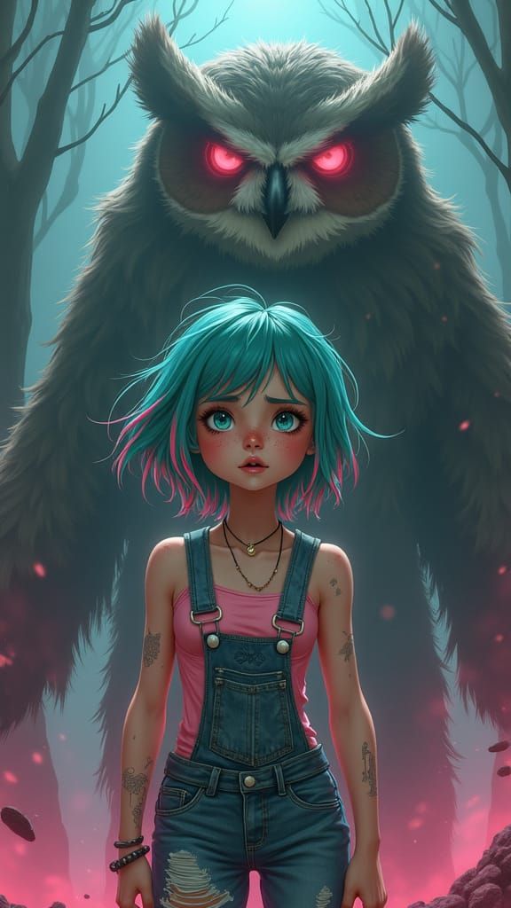 Frightened Girl with Owlbear in Cyberpunk Style