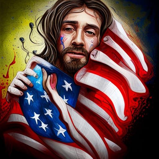 Distressed Jesus Holding American Flag in Graffiti Art