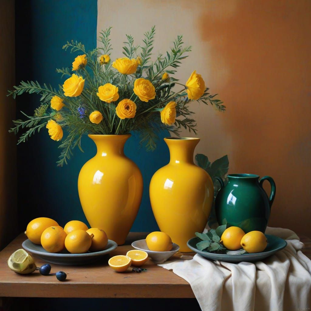 Whimsical Earthy Still Life in Vibrant Georgian Folk Style