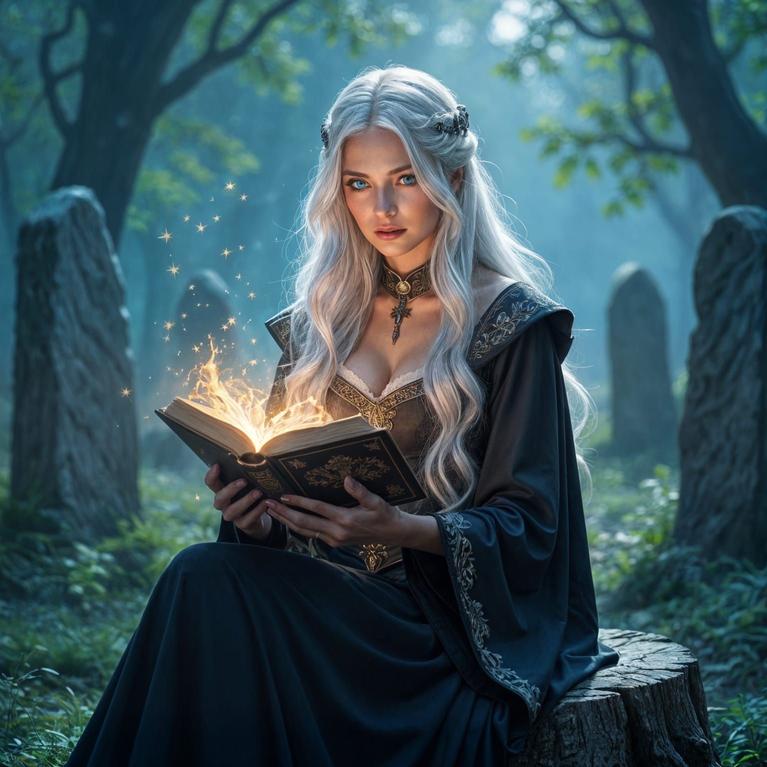 Medieval Witch with Glowing Book in Forest Clearing