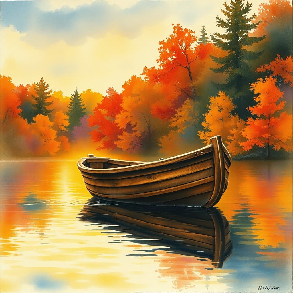 Wooden Boat on Calm Lake at Dusk in Fall