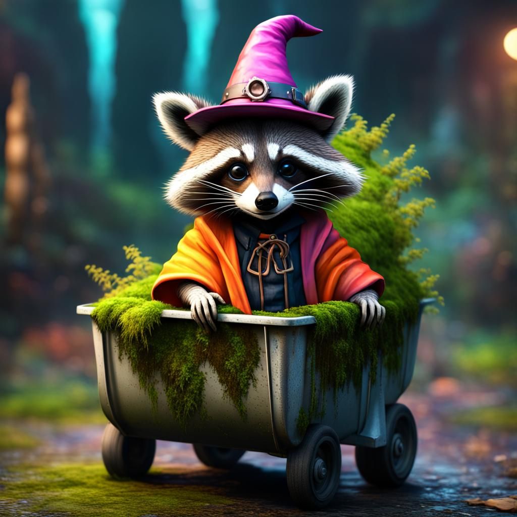Andromorphic Raccoon in Magical Dumpster, Graffiti Art