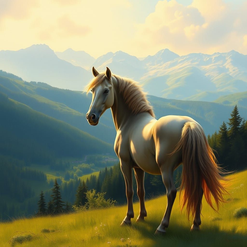 Majestic Horse Halfling in a Serene Austrian Landscape, Oil...