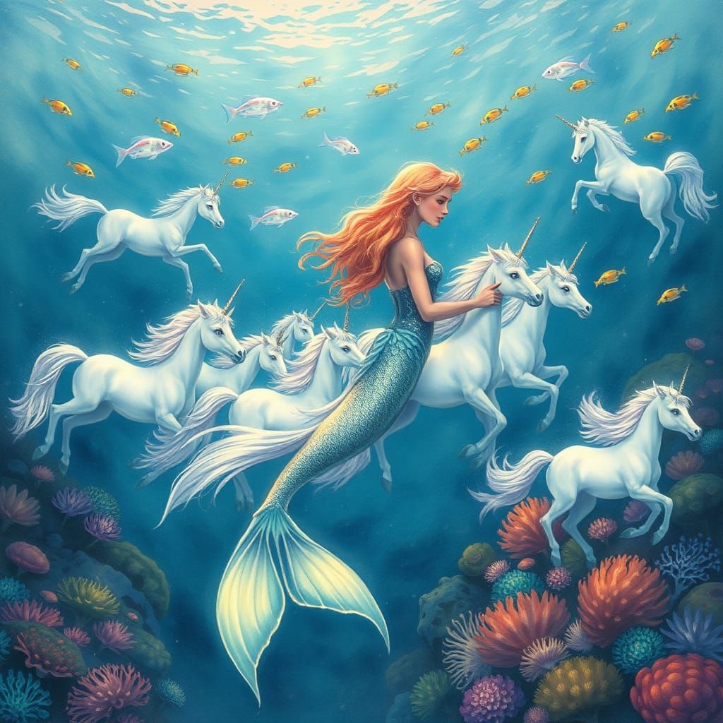 Mermaid Surrounded by Majestic Unicorns in Vibrant Oceanic L...