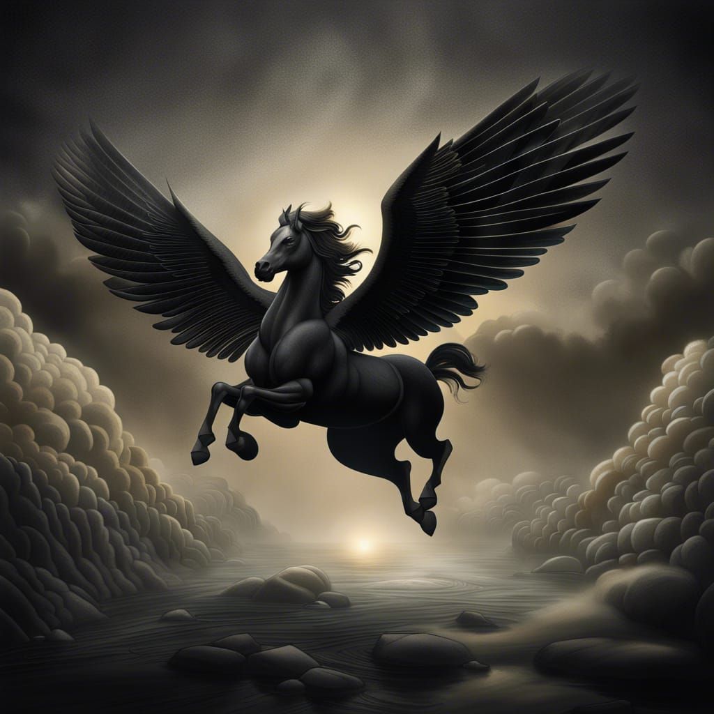 Pegasus Soaring Above Misty Island in Matte Black Paper Art