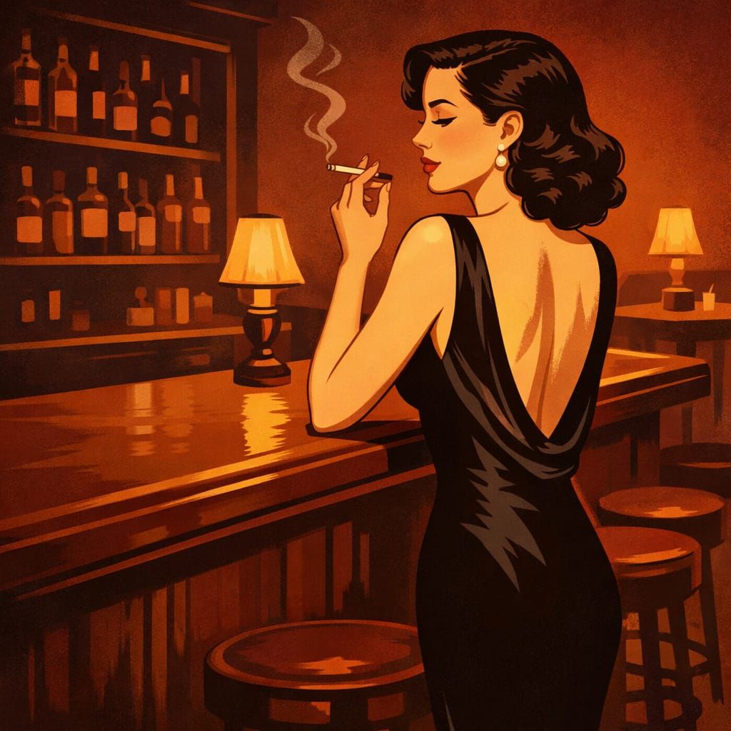 Elegant Woman in Black Dress at Jazz Bar, Vintage Poster Sty...