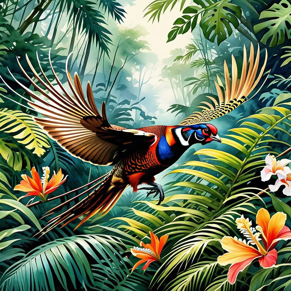 Pheasant in Tropical Paradise: Watercolor Illustration