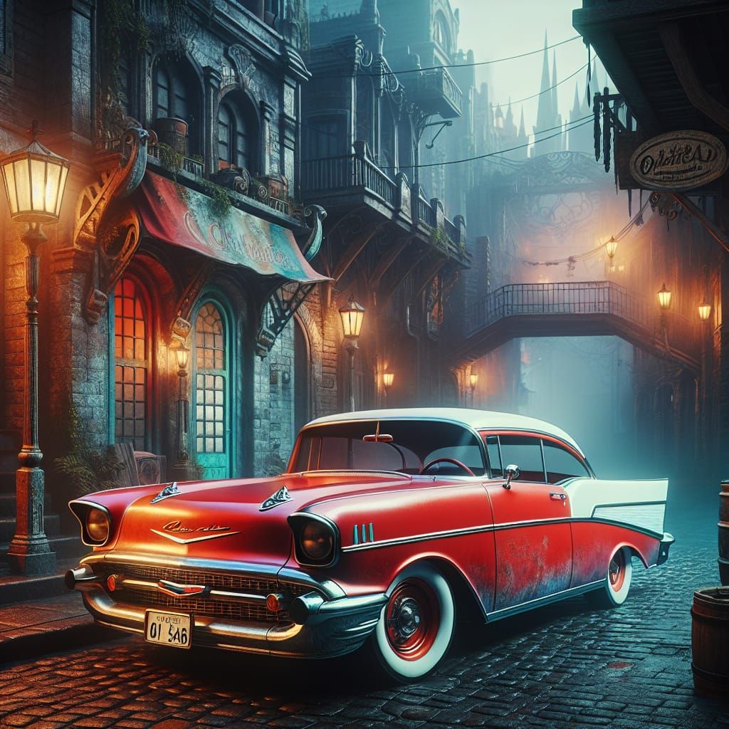 Ethereal 1957 Chevy in Mystical Alleyway, Fantasy Concept Ar...