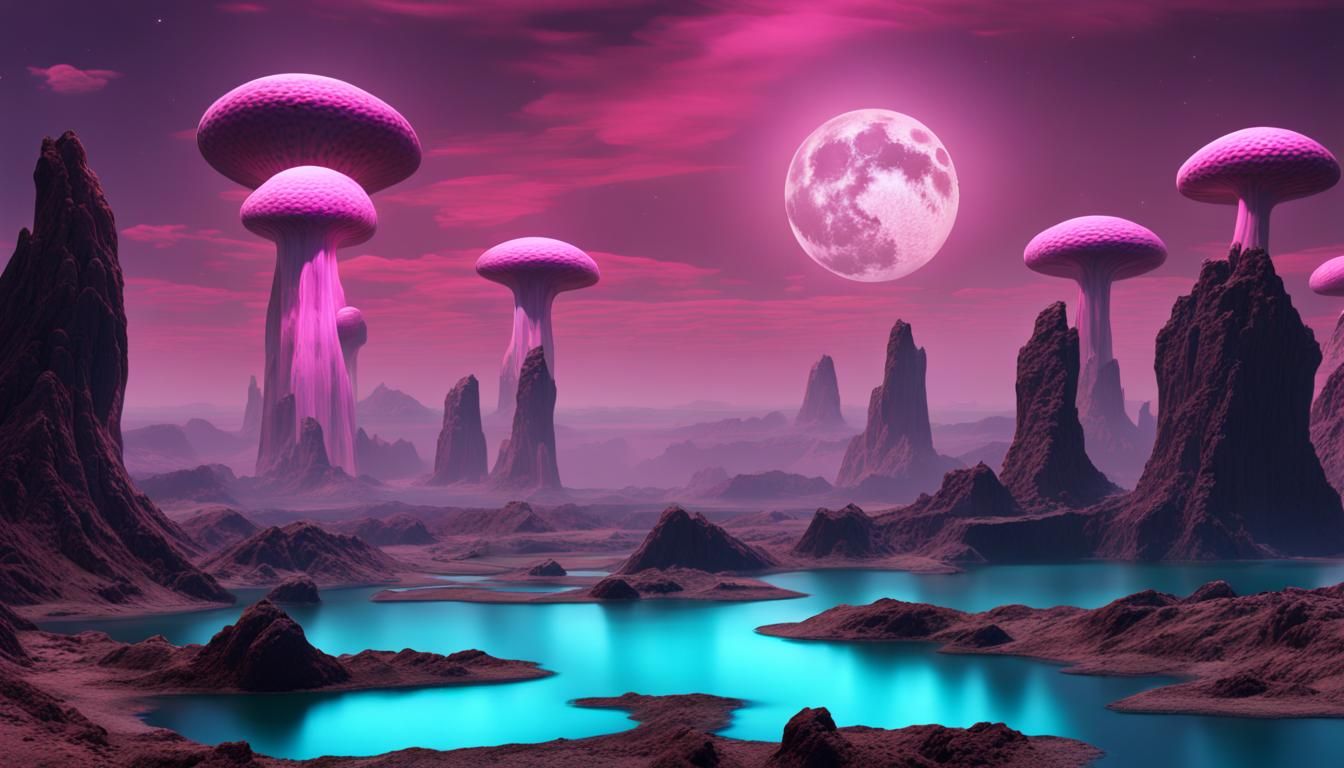 Surreal Alien Landscape with Magenta Mushrooms