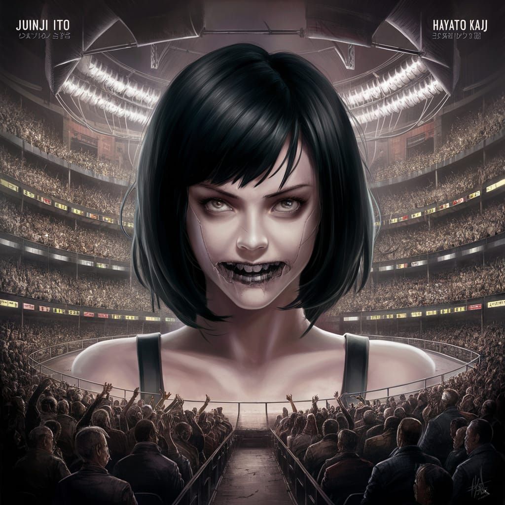 A striking and detailed visual key anime-style portrait of an adult Shirley Temple transformed into a realistic, scary-l...