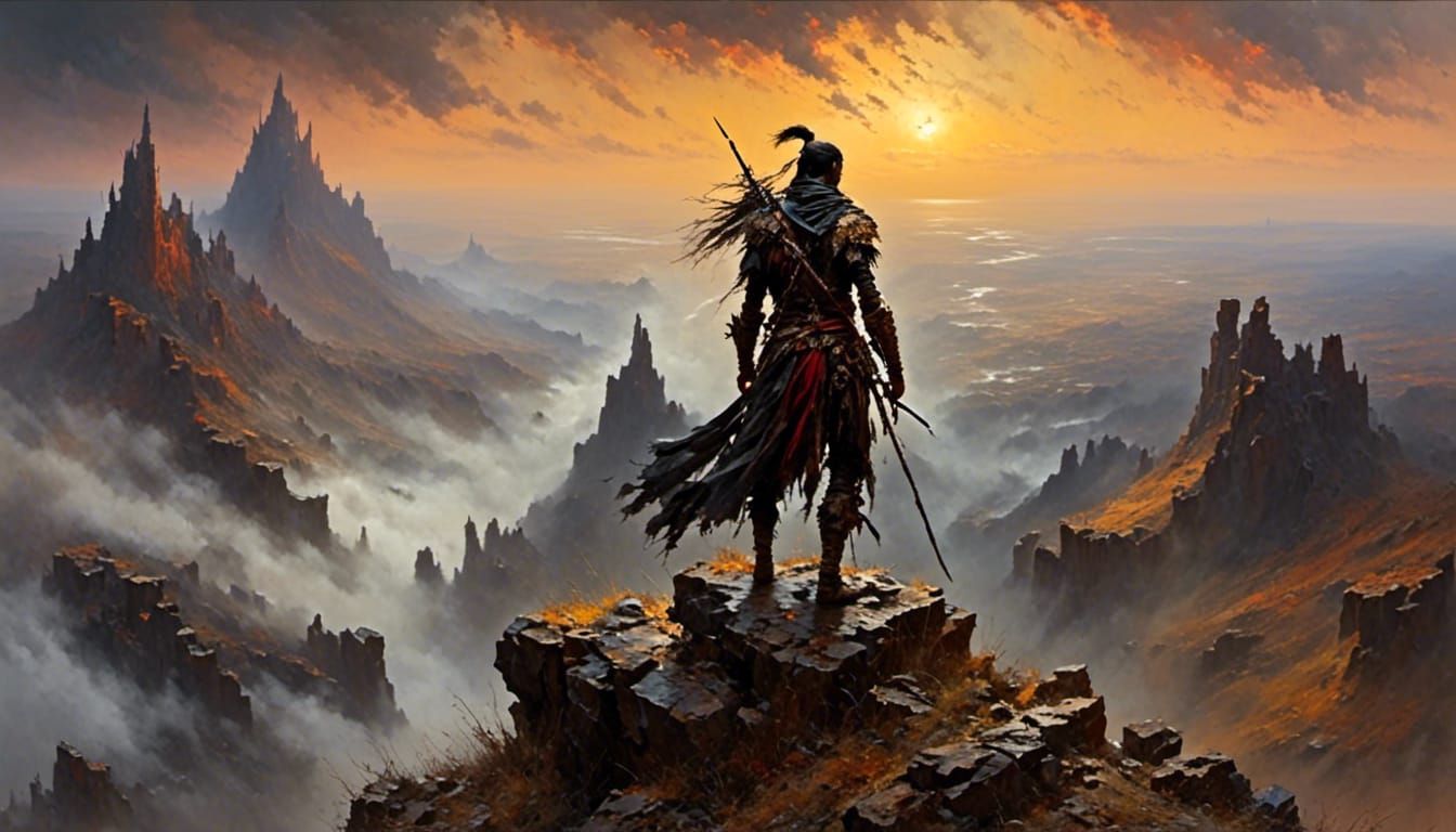 Epic Fantasy Warrior at Misty Sunrise