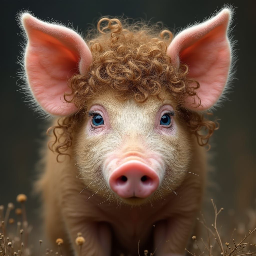 Pig with Brown Hair and Blue Eyes in Rococo Style