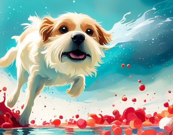 Whimsical Dog Splashing in Pool: Pixar-Inspired Digital Art
