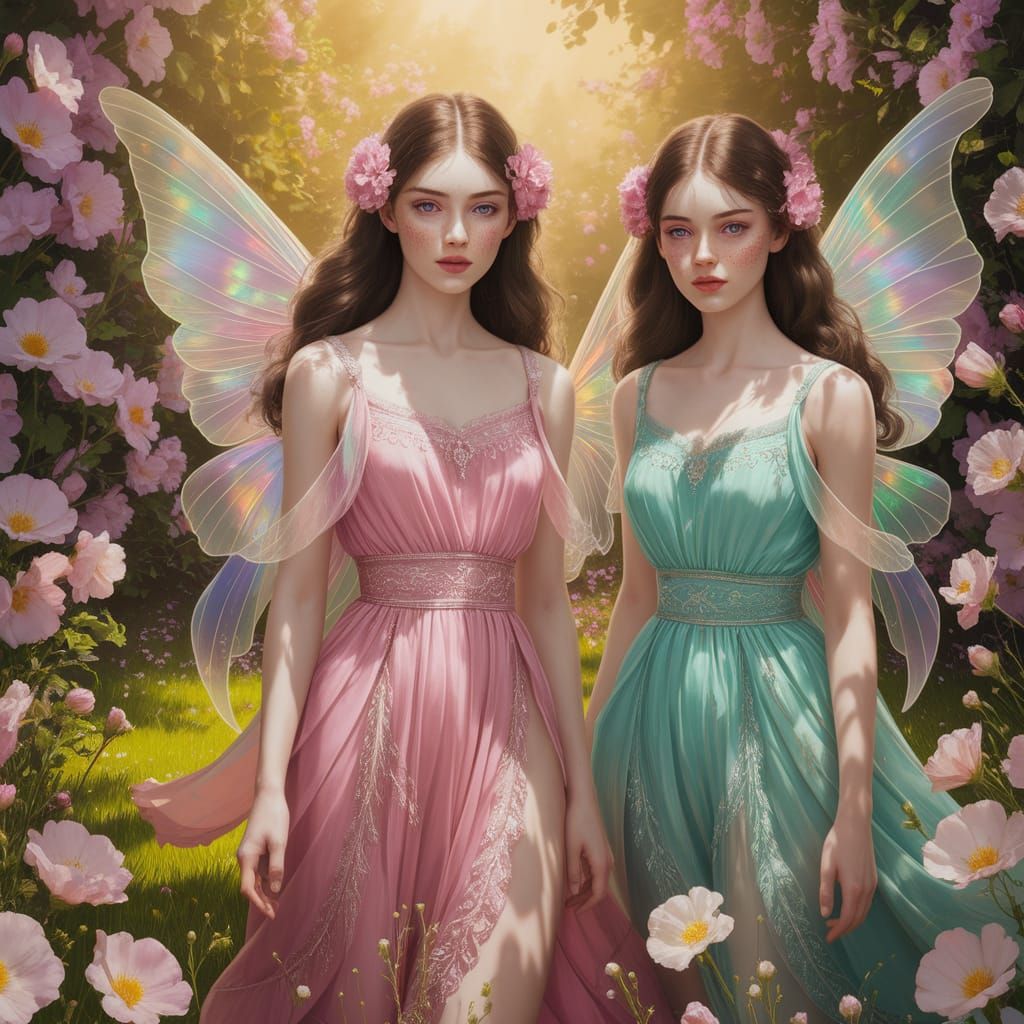 Twin Sisters with Wings in Sunlit Garden