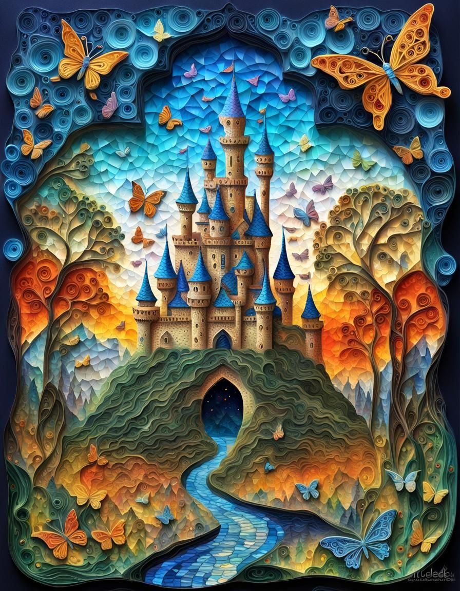 Magic Paper Castle with Butterflies in Surreal Style