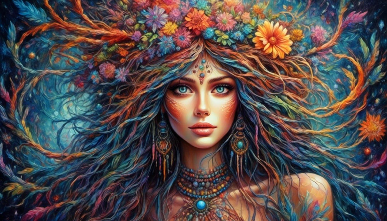 <lora:Boho Ladies:1.0> Surreal portrait of an extravagant al...