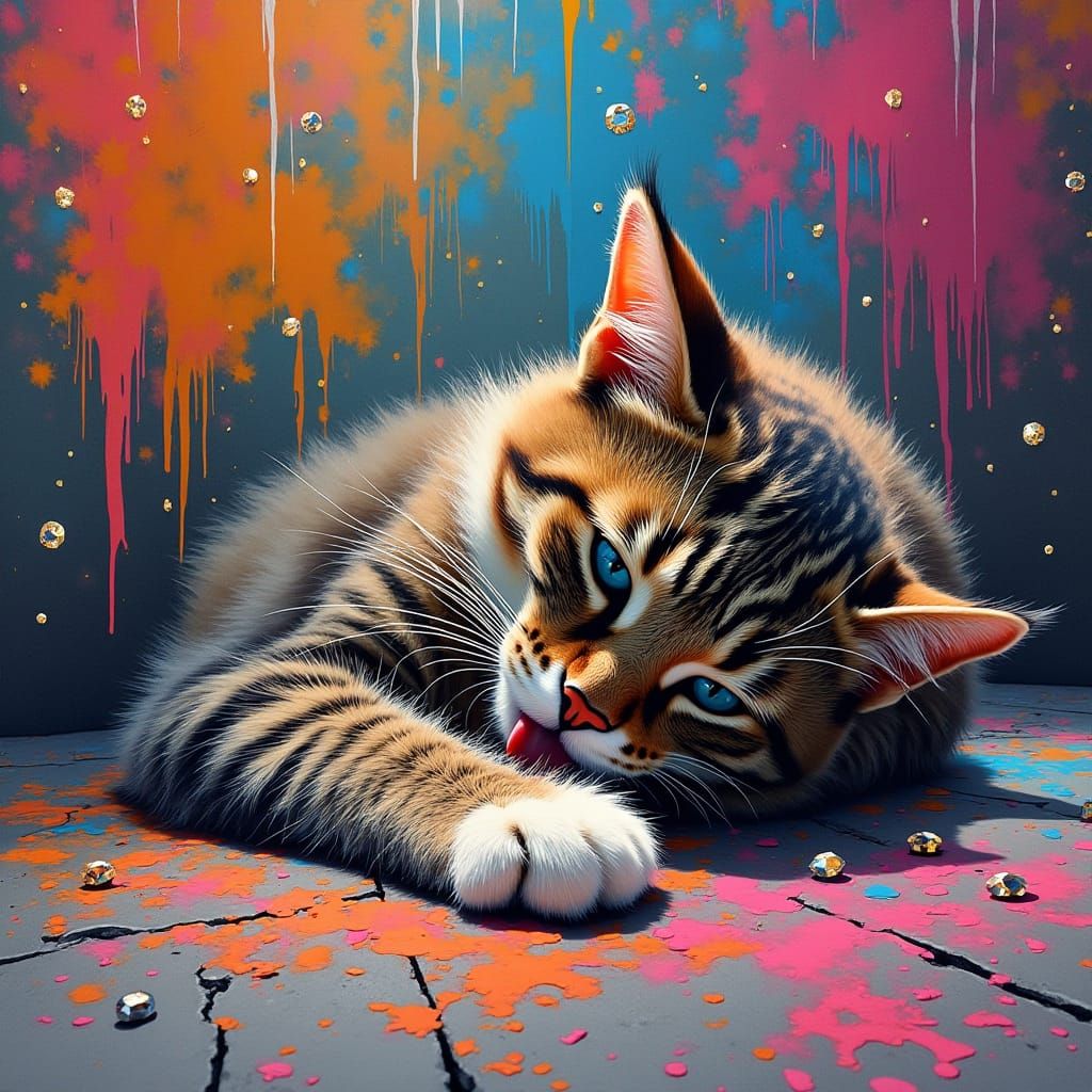 Cat in Graffiti Explosion: Polychromatic Street Art