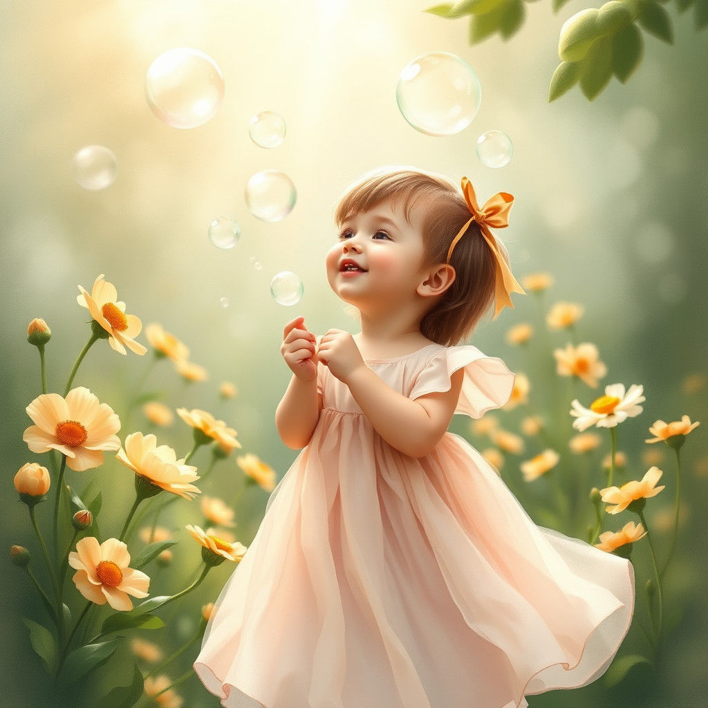 Dreamy Garden Scene with Child Blowing Bubbles