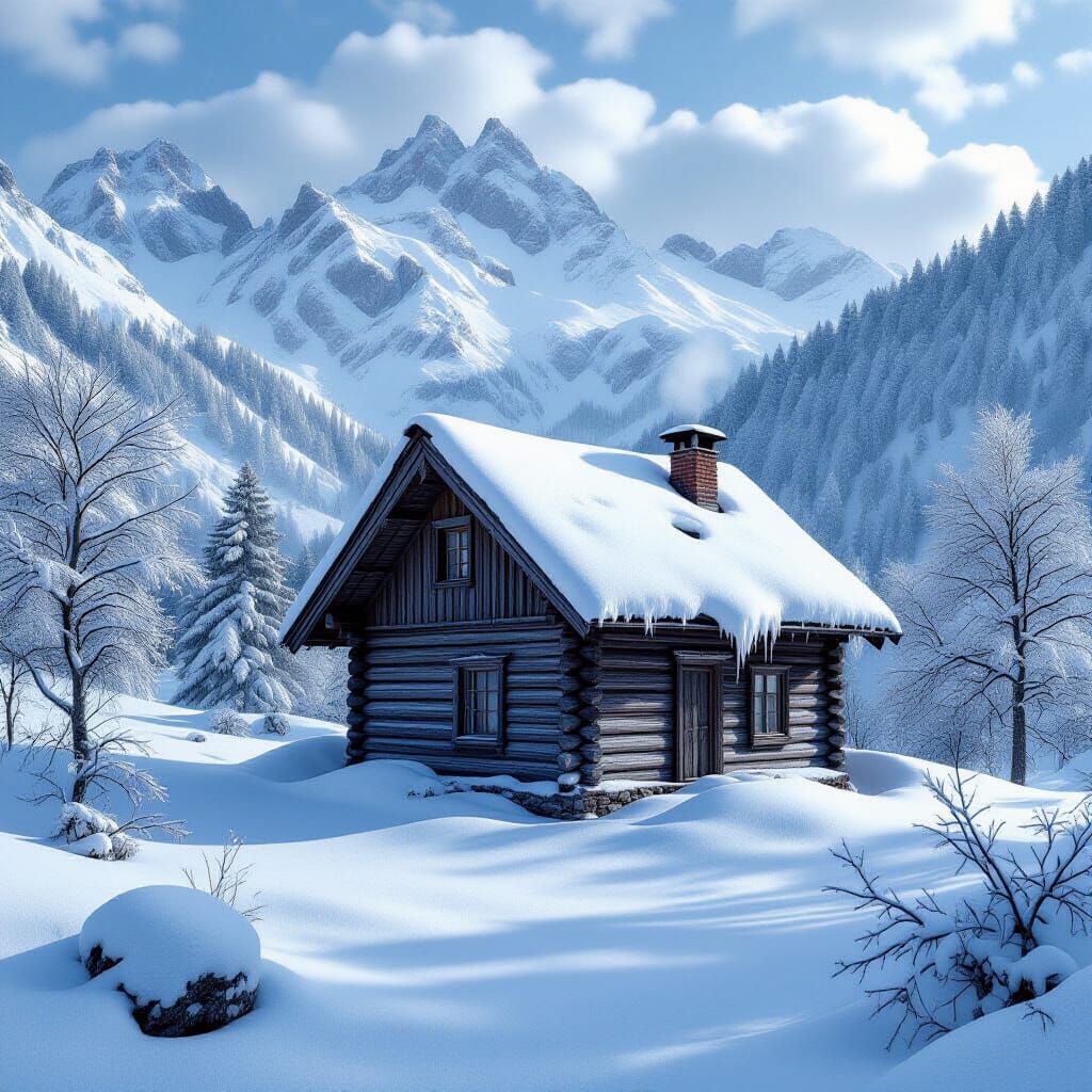 Snowy Cabin in Alpine Mountains: Matte Painting