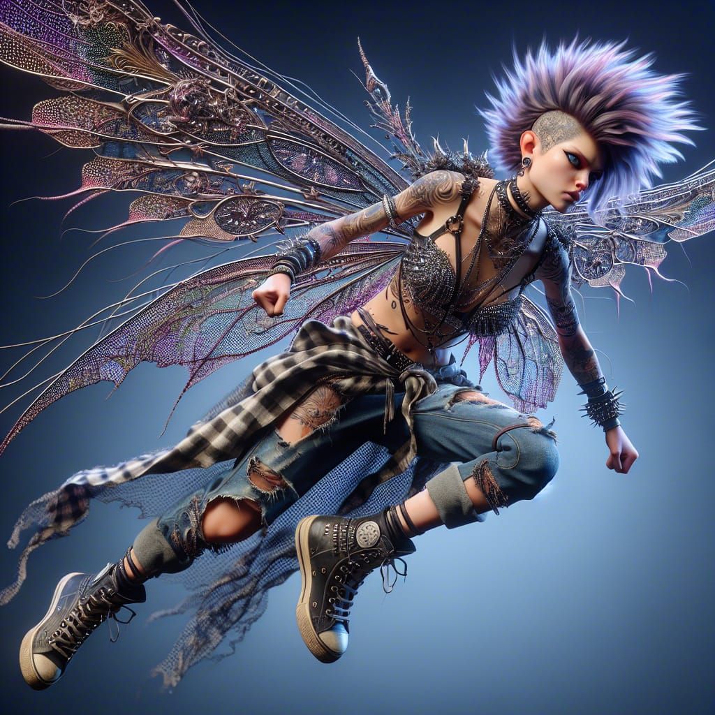 Airborne Punk Rock Fairy in Hyperrealistic Style