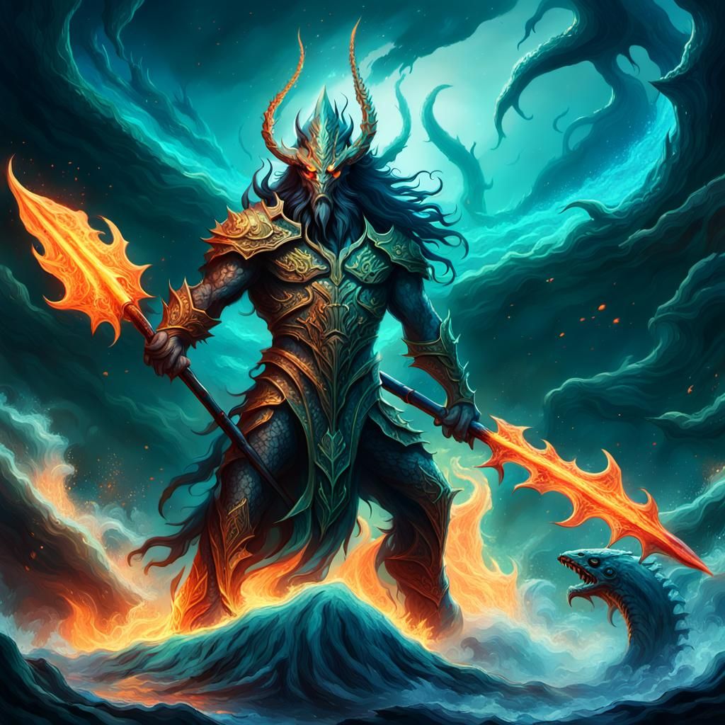 Fiery Trident in Dark Ocean Abyss