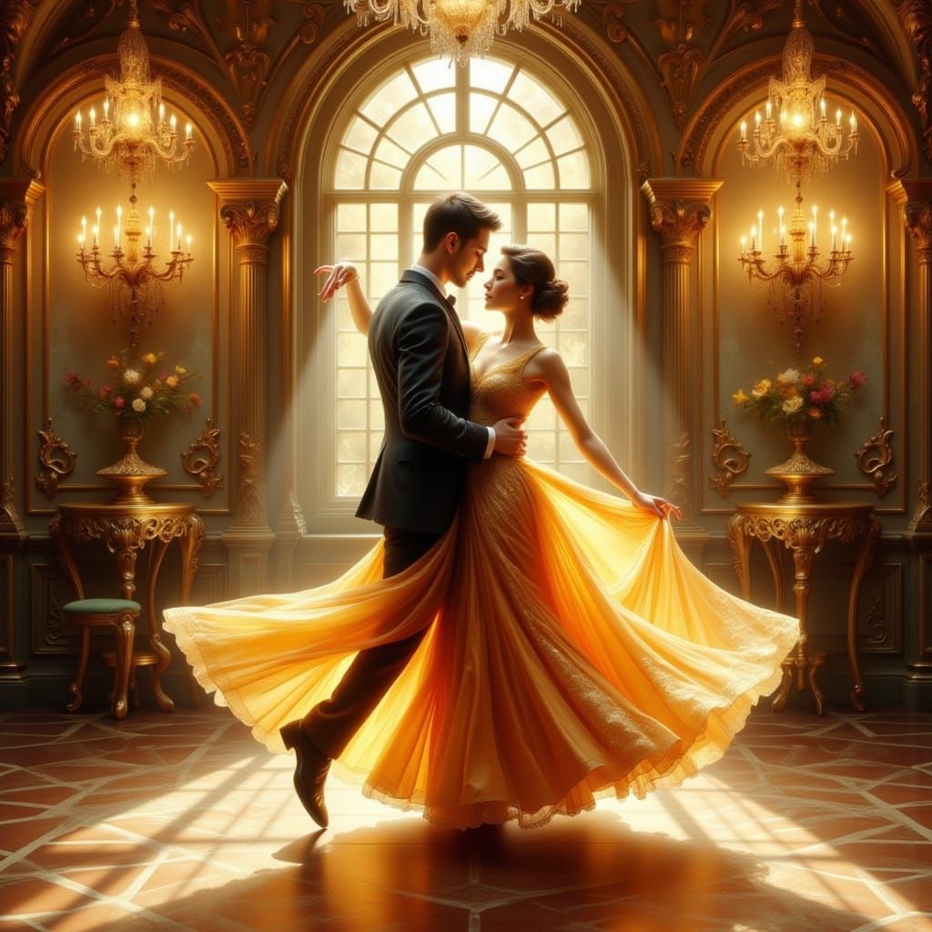 Ballroom Waltz in Golden Light, Dreamlike Hyperrealism