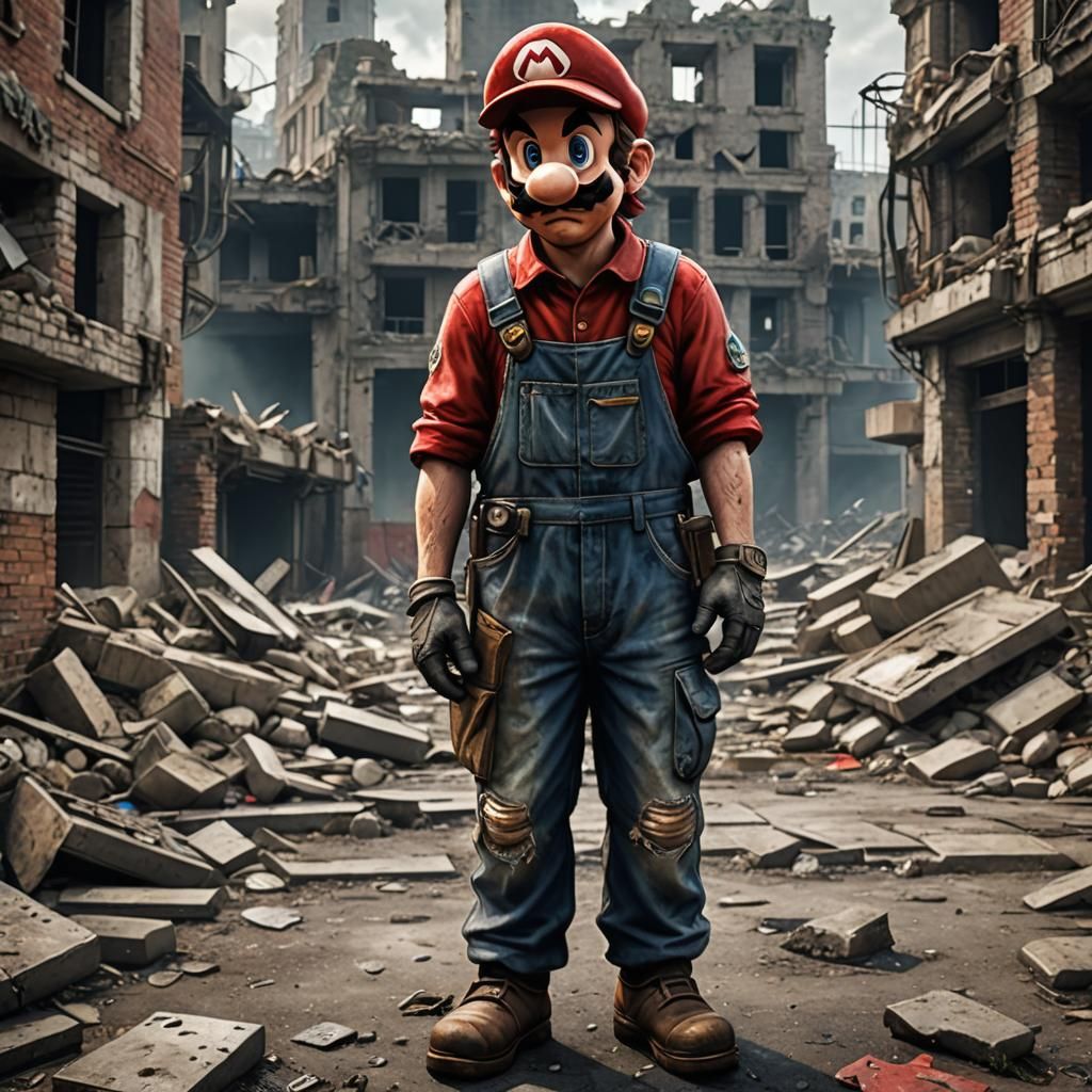 Post-Apocalyptic Mario in Ruined Cityscape