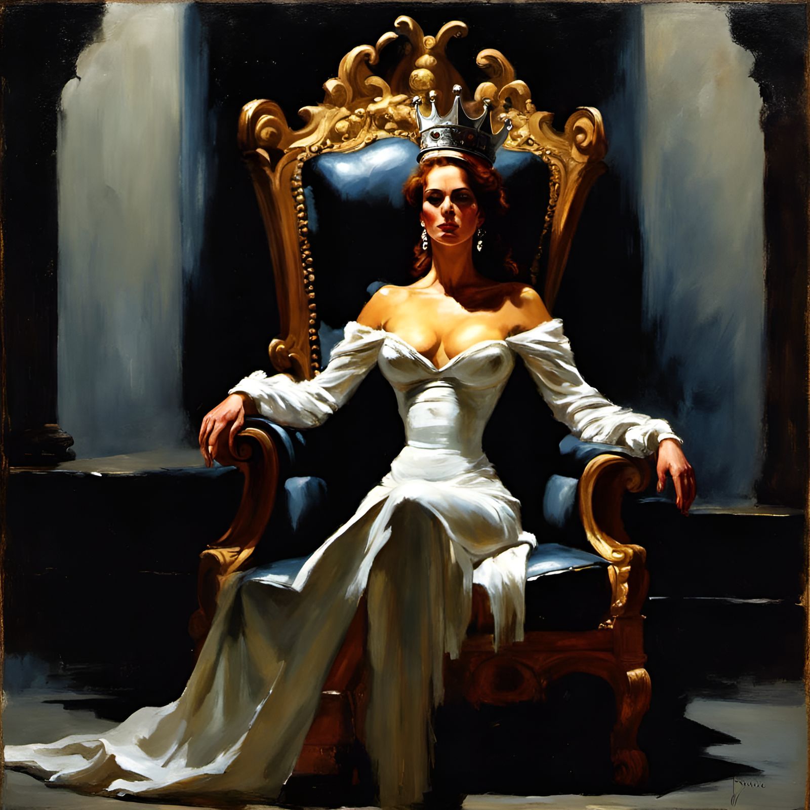 Solemn Queen in Dark Room: A Realistic Oil Painting