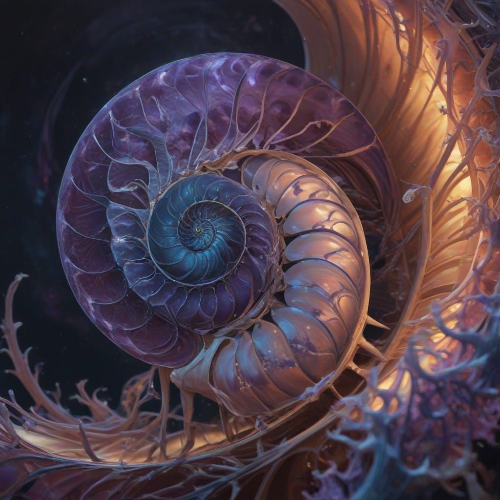 Celestial Nautilus Shell Blooms with Ethereal Energy