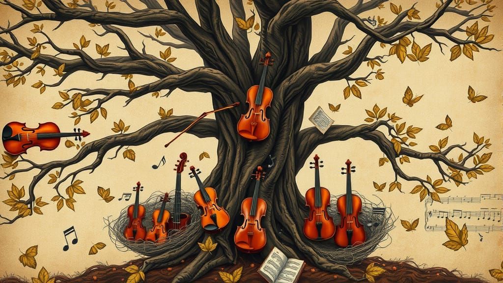 Musical Oak Tree Blooms with Violins and Cellos