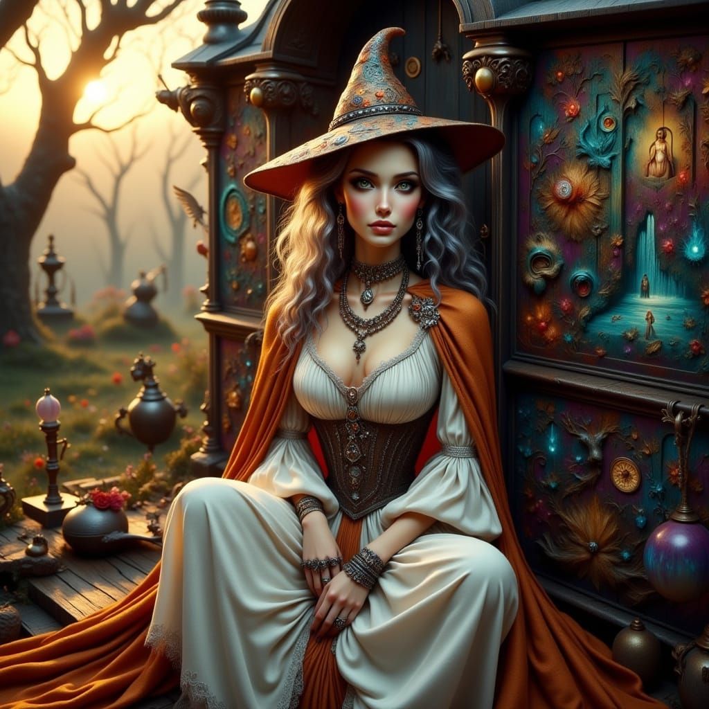 Gothic Dream Witch in Front of a Vibrant Caravan