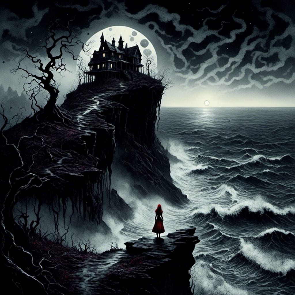 Lonely Woman on Cliff in Gothic Watercolor Style