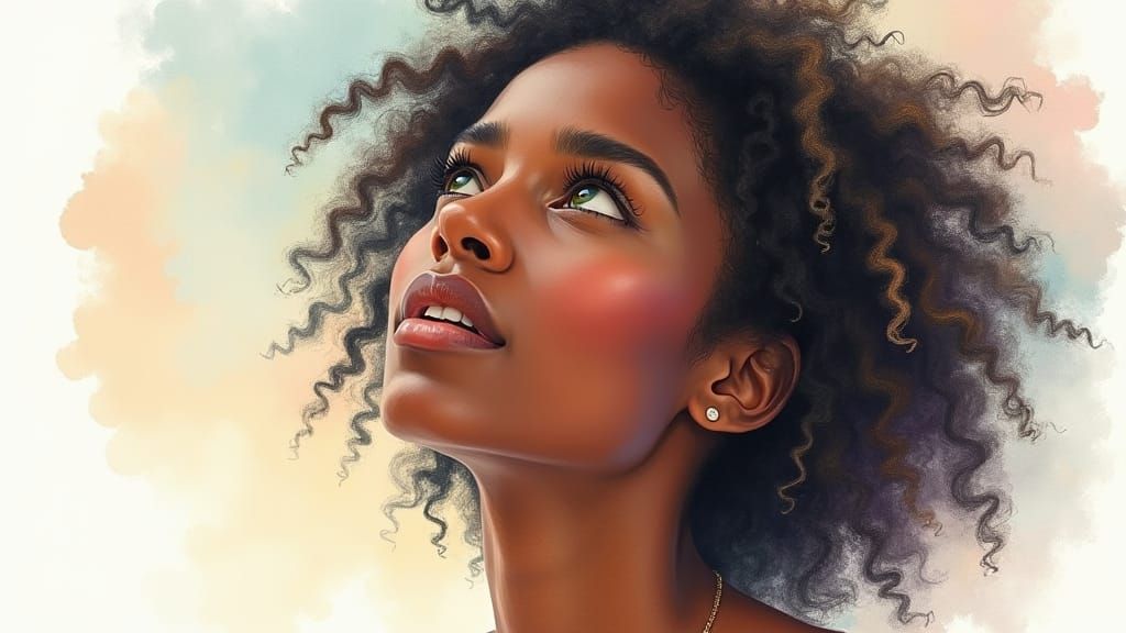 Watercolor Portrait of a Black Woman Gazing Skyward