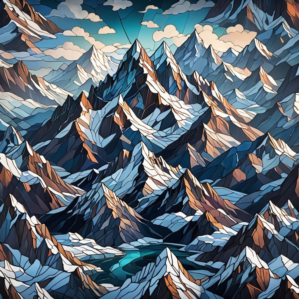 Stained Glass Snowy Mountain Range in Cool Tones