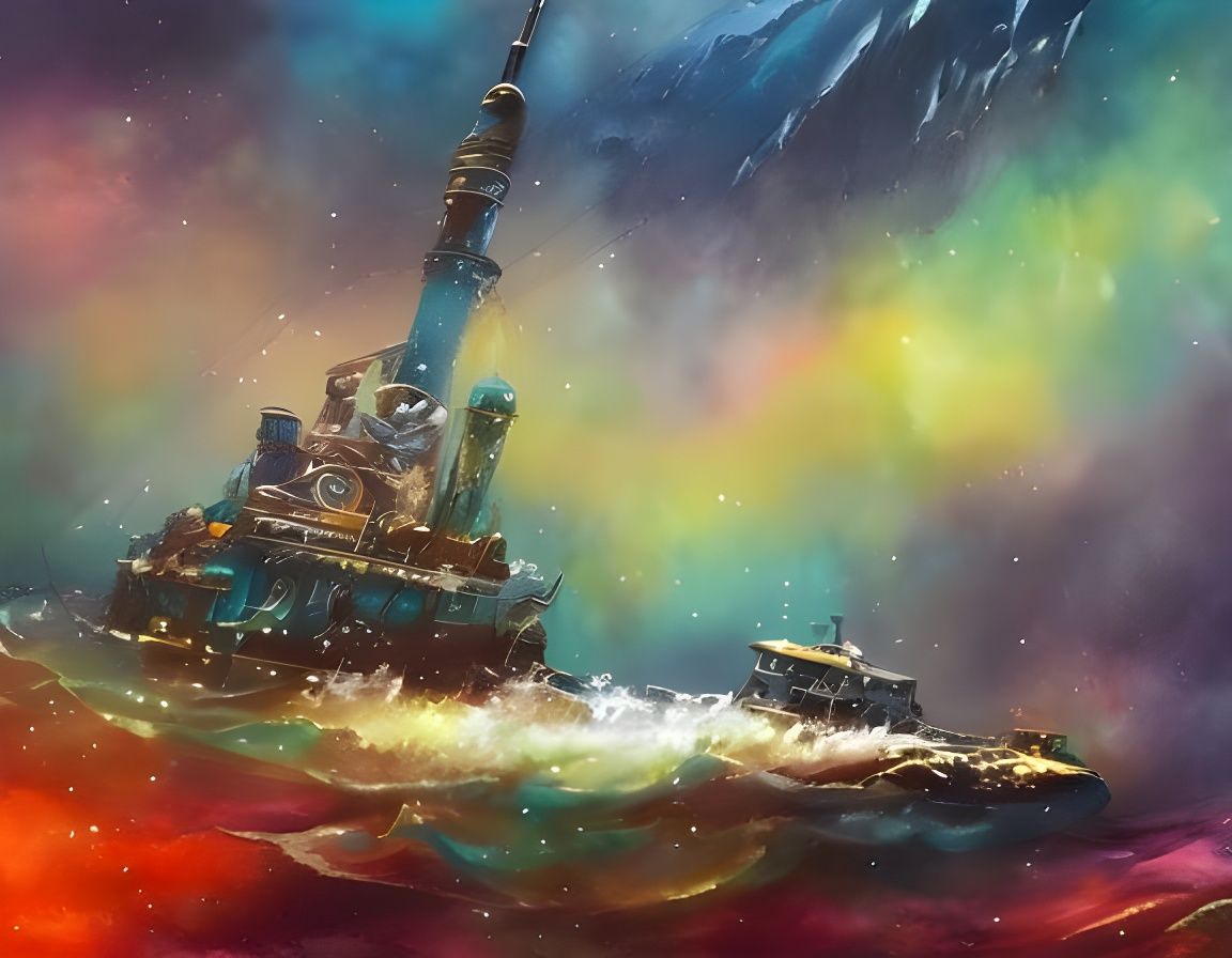 Colorful German Submarine in Deep Sea: Watercolor Art