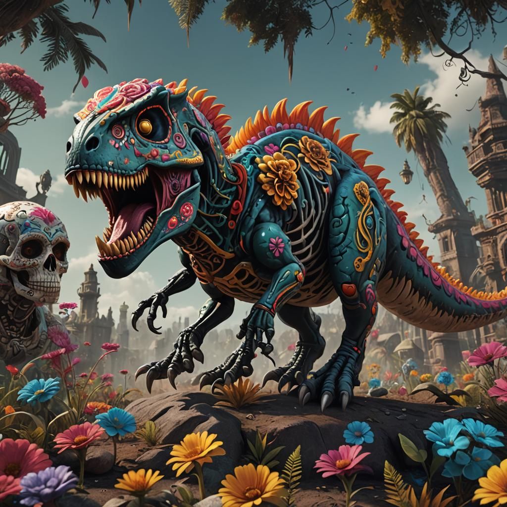 Sugar Skull T-Rex: Detailed Matte Painting