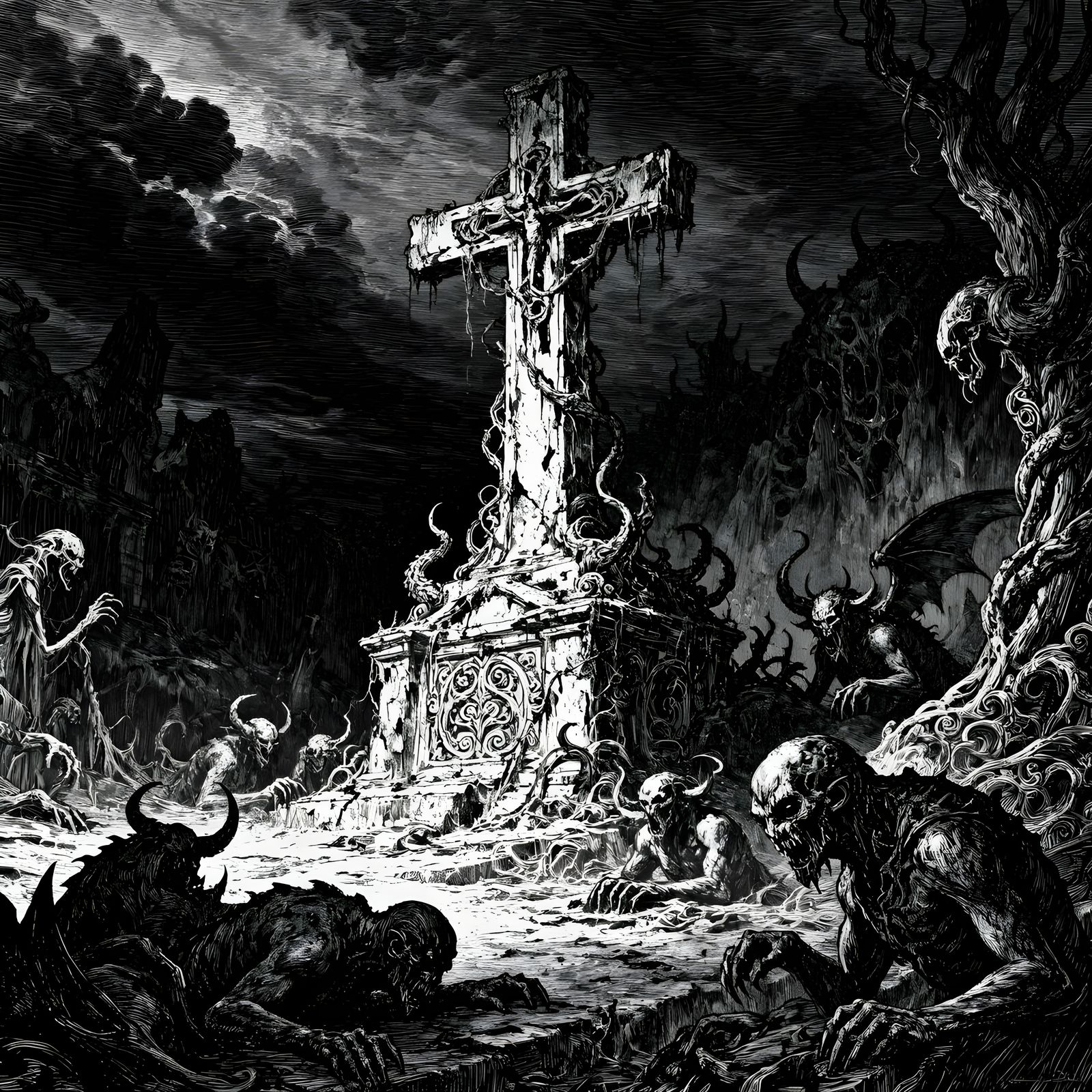 Hellish Landscape with Demons and Cross in Gustave Doré Styl...