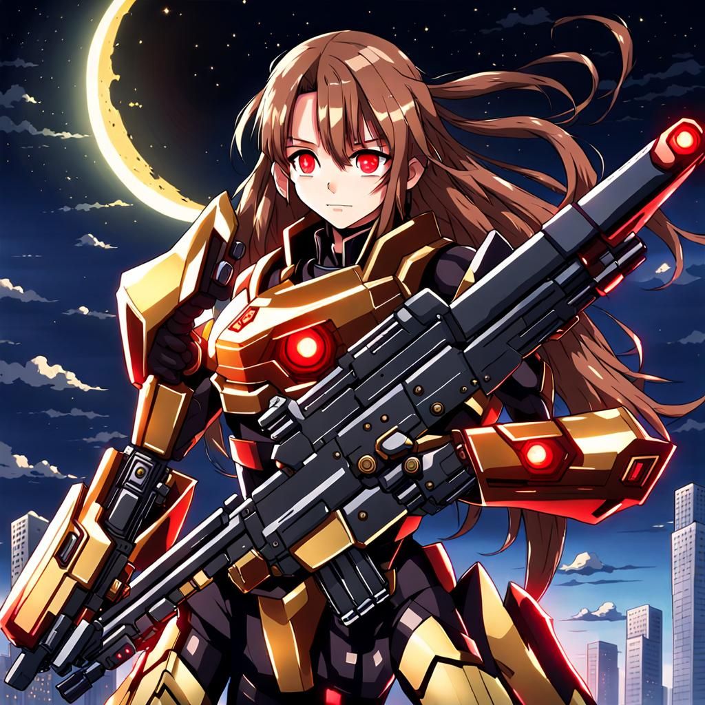 Anime Female Warrior in Mecha Suit Under the Moon