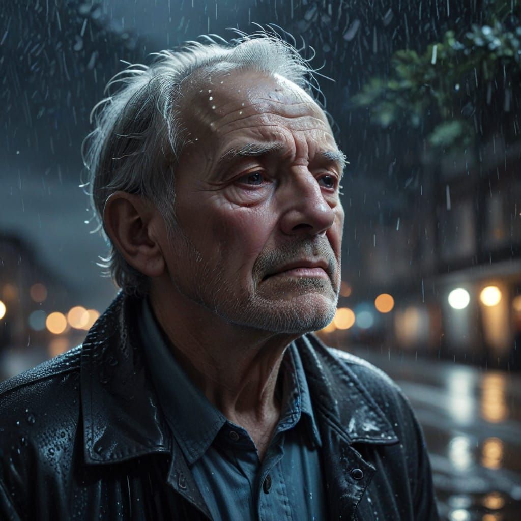 Sad Old Man Gazes Up on Noctilucent Rainy Night