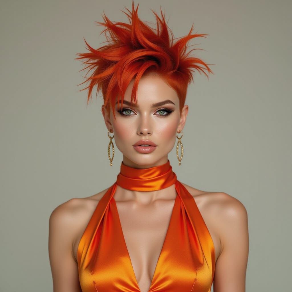 Edgy Punk Woman in Satin Dress, Fantasy Art Style