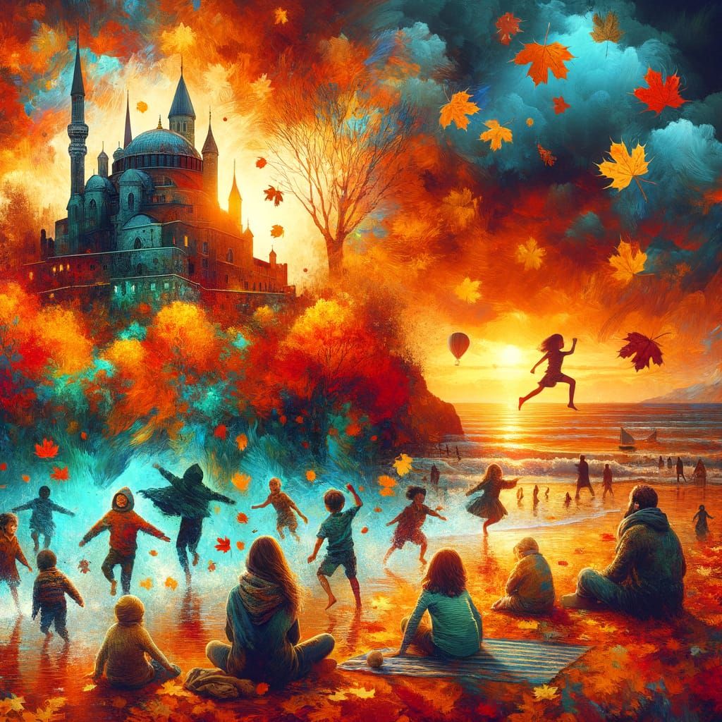 Vibrant Autumn Beach Scene with Approaching Storm