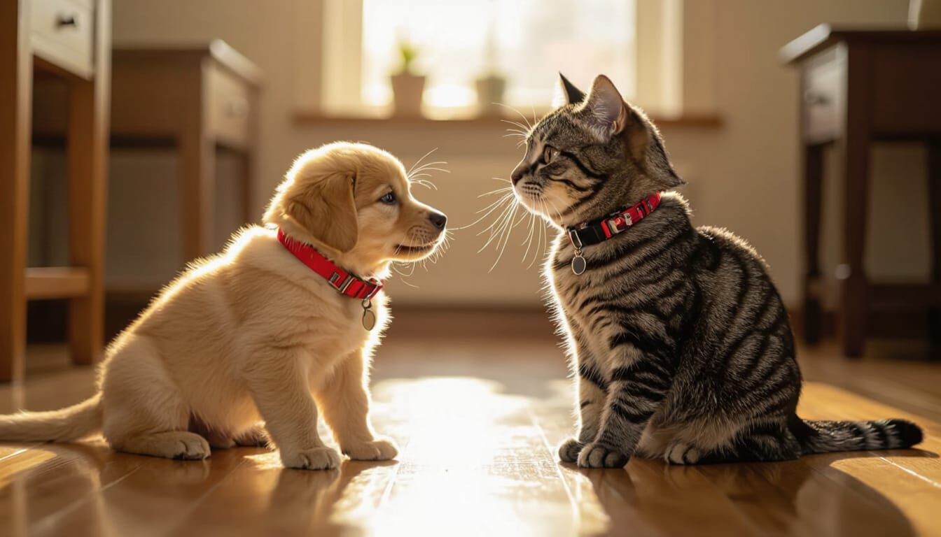 Cat Ignores Puppy's Playful Advances in Sunlit Room