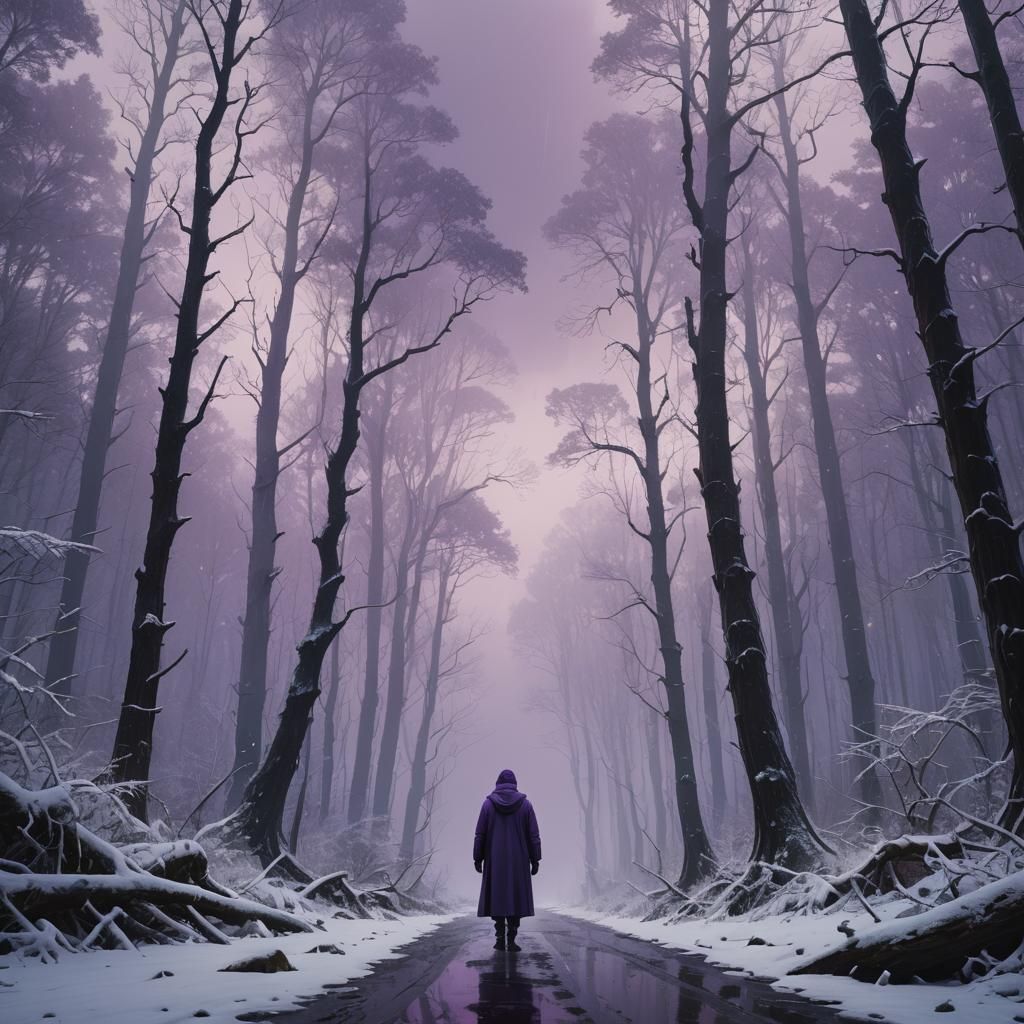 Regal Figure in Mystical Forest with Purple Rain