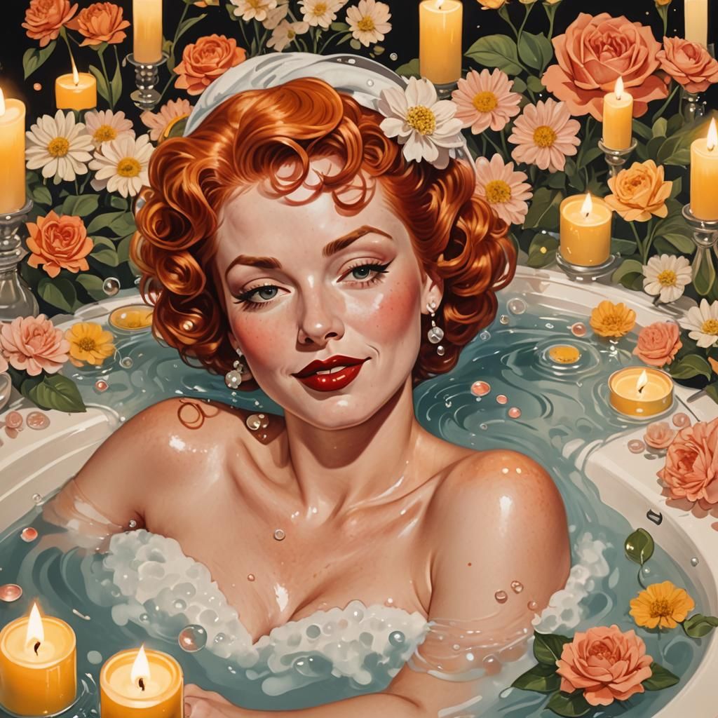 Retro Pinup: Redhead in Bubble Bath, Gouache Painting