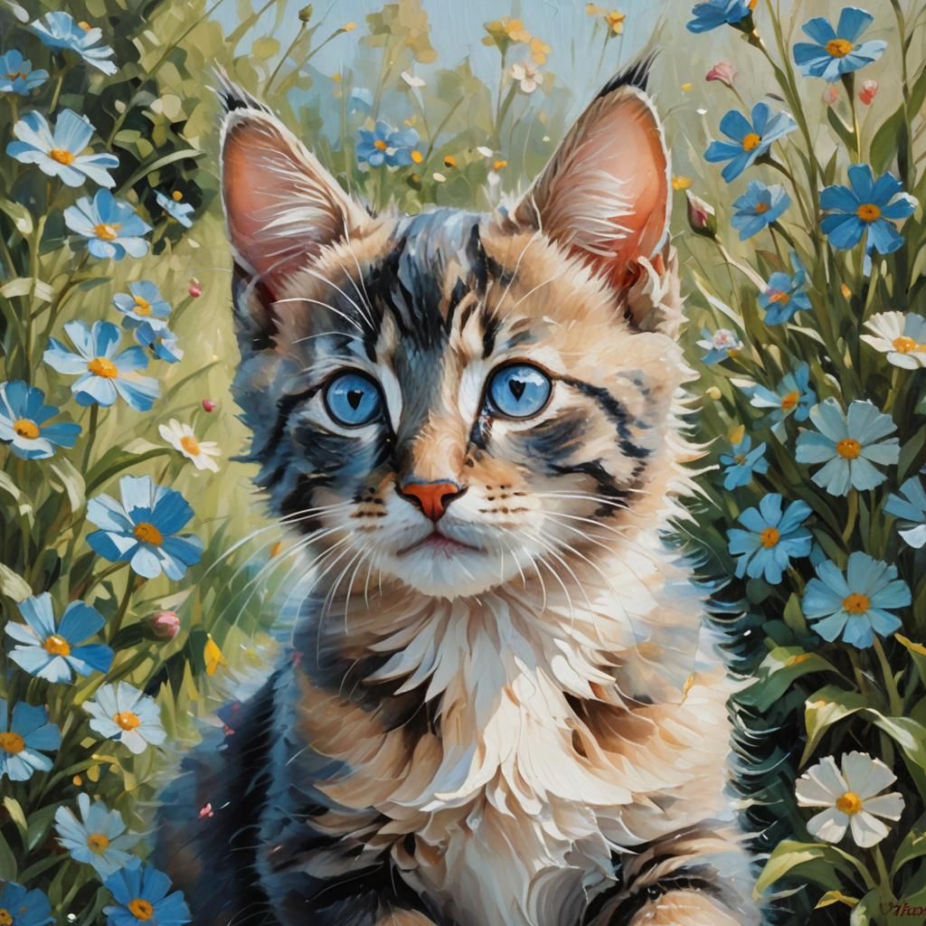 Cute Kitten Portrait in Impasto Oil Painting Style